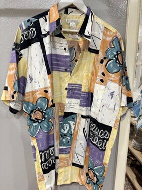 Expressions Multicolor Floral Patchwork Short-Sleeve Button-Down Shirt